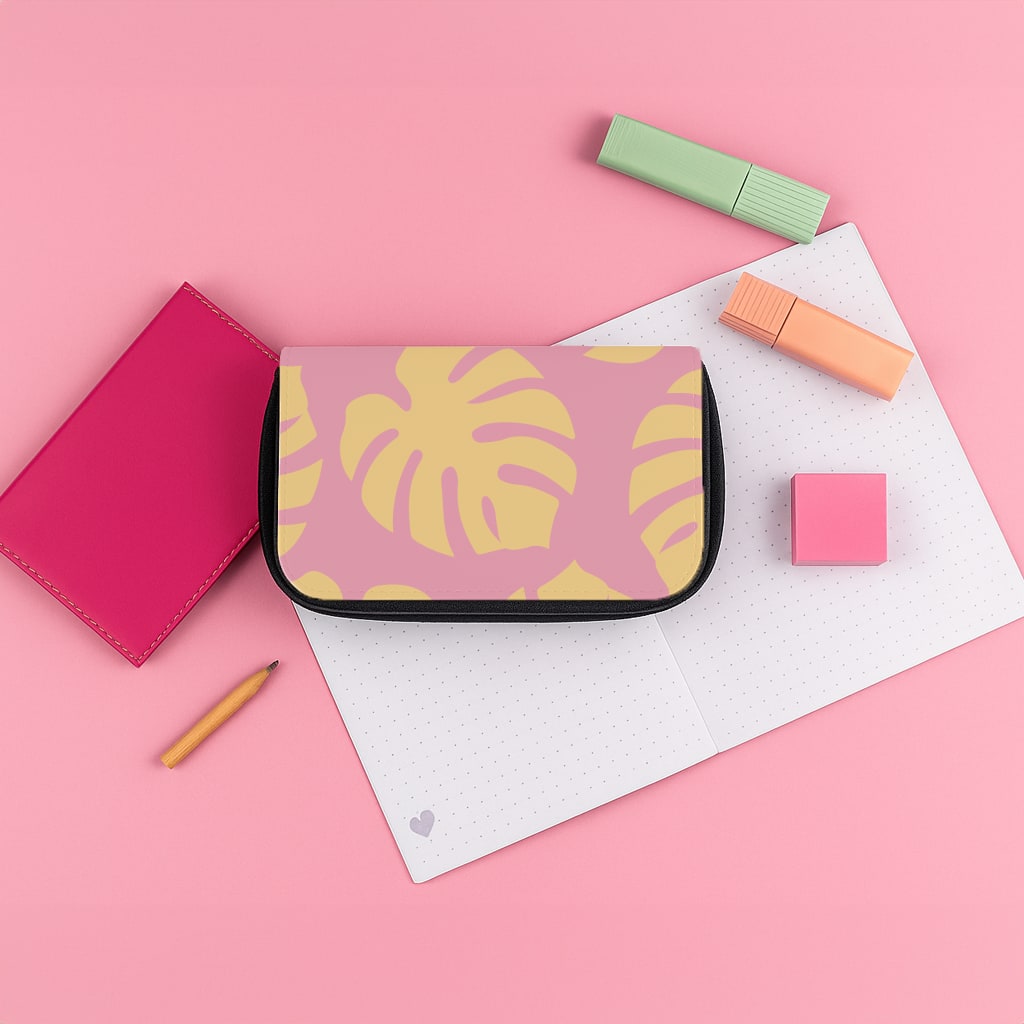Pink And Yellow Summer Leaves Pattern Pencil Case