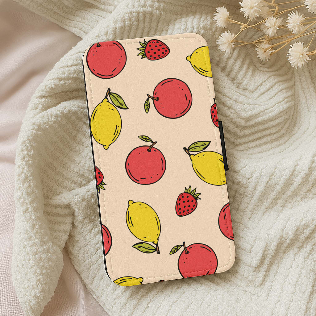 Sketched Summer Fruits Pattern Wallet Phone Case