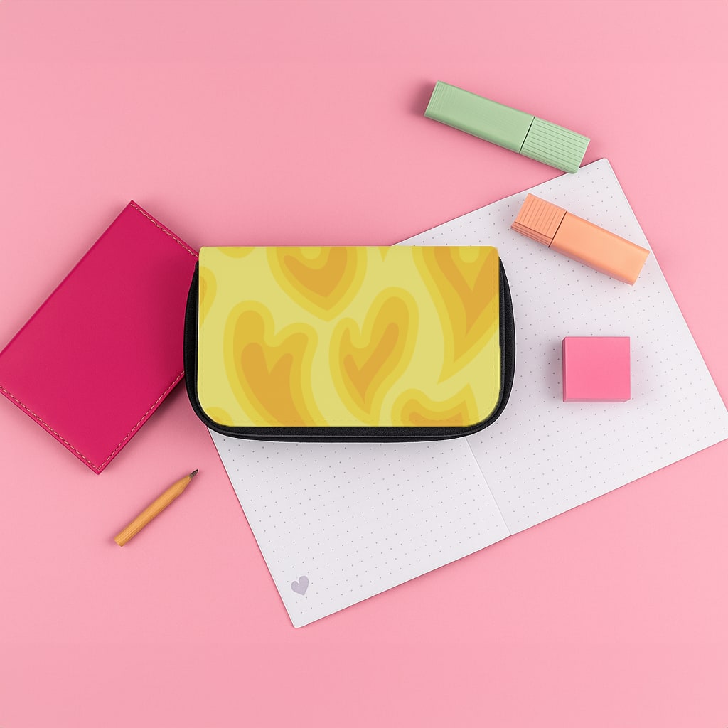 Trippy Summer Hearts Yellow Pattern Pencil Case