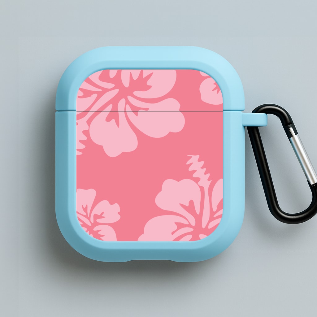 Pink Hawaiian Flowers Pattern Blue AirPods Case