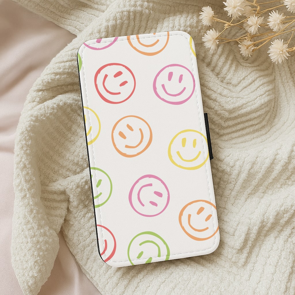 Colourful Sketched Smileys Pattern Wallet Phone Case