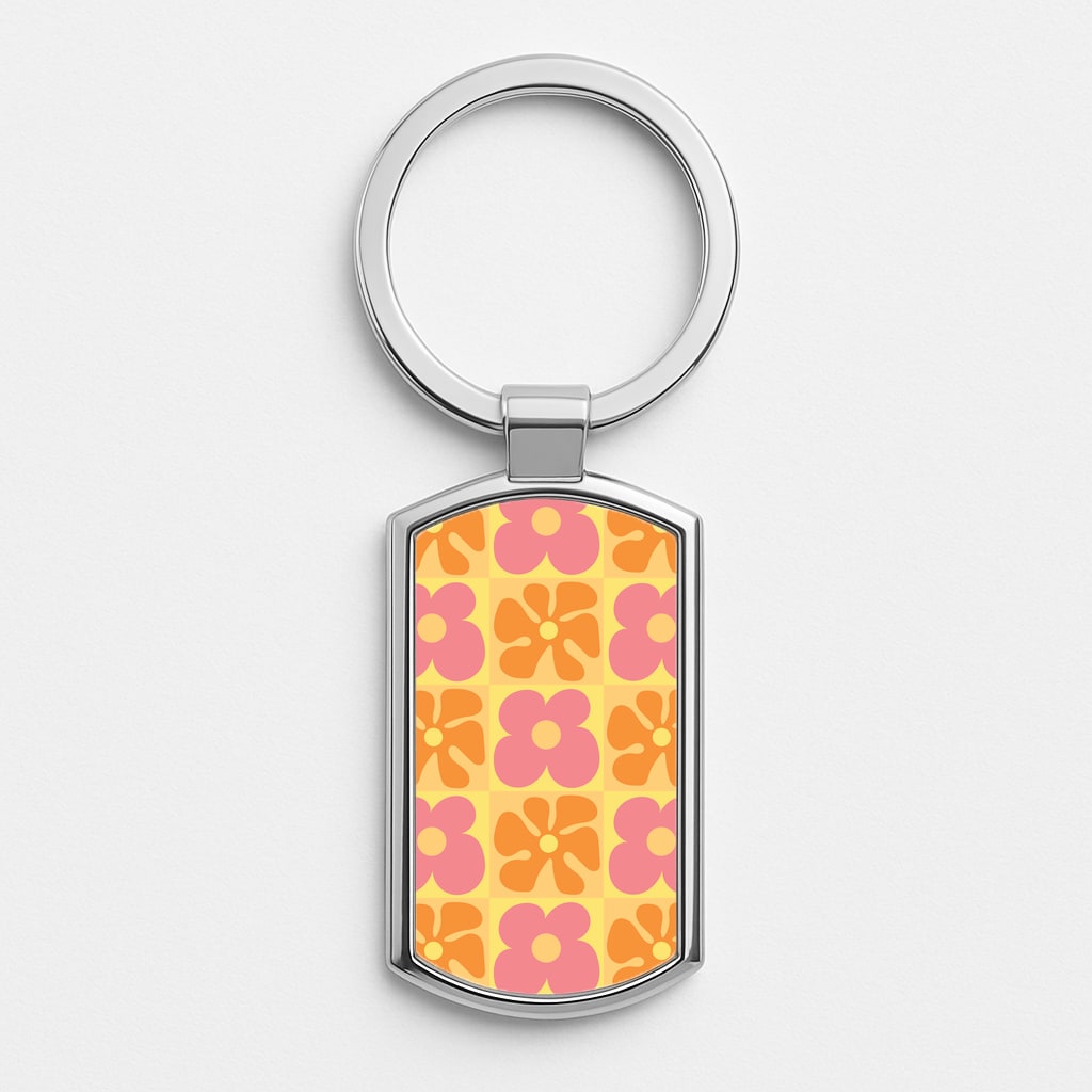 Summer Flowers Checkered Pattern Silver Keyring