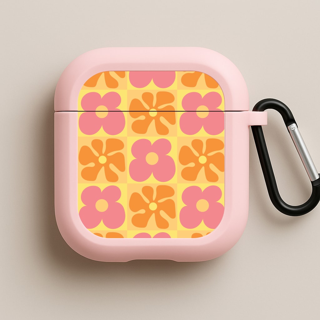 Summer Flowers Checkered Pattern Pink AirPods Case