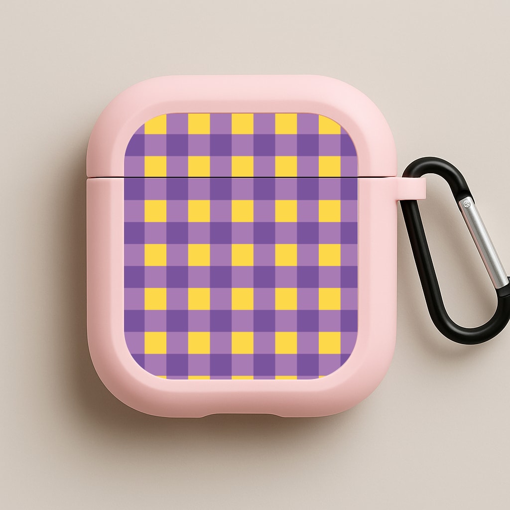 Purple And Yellow Checkered Pattern Pink AirPods Case