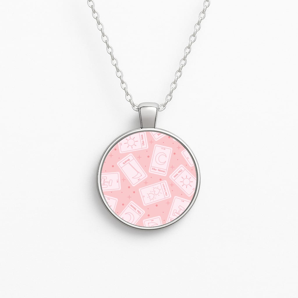 Pastel Pink Tarot Cards Pattern Circle Necklace