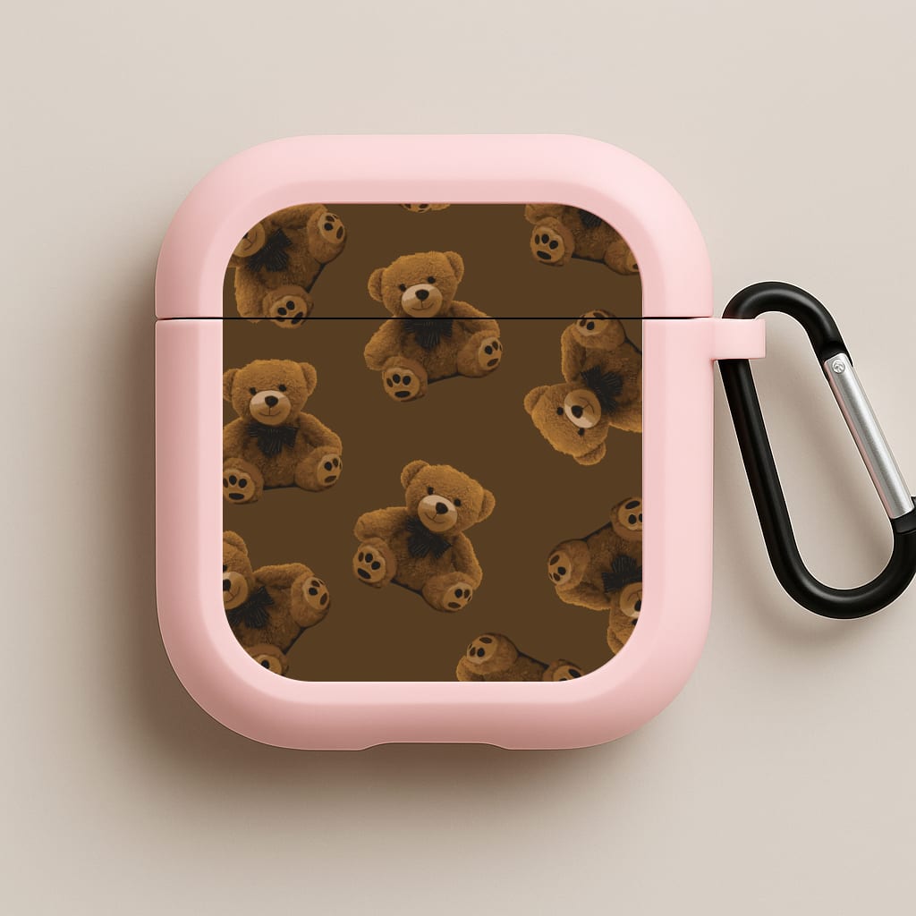Cute Brown Bear Pattern Pink AirPods Case