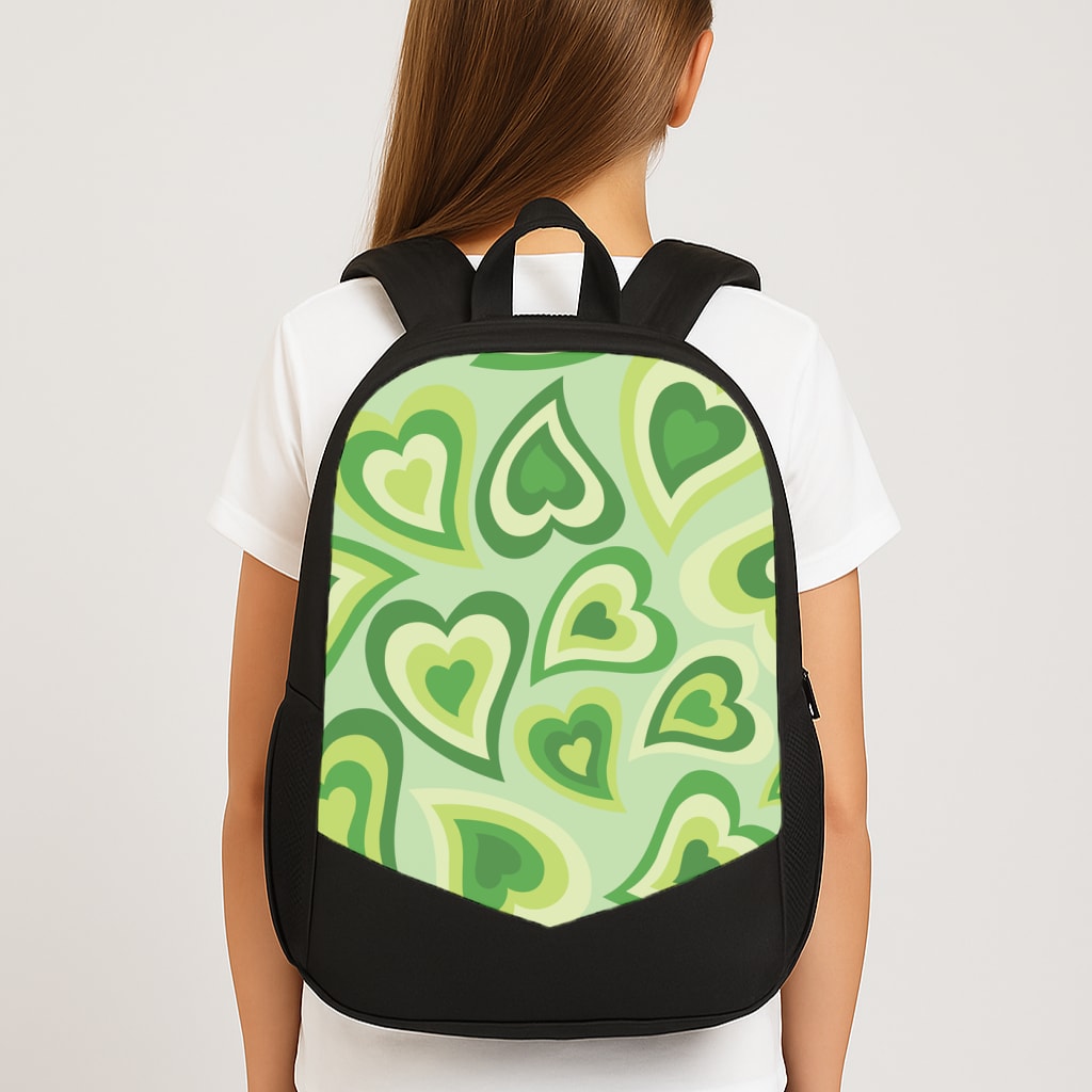 Green Hearts - Trippy Patterns Large School Bag