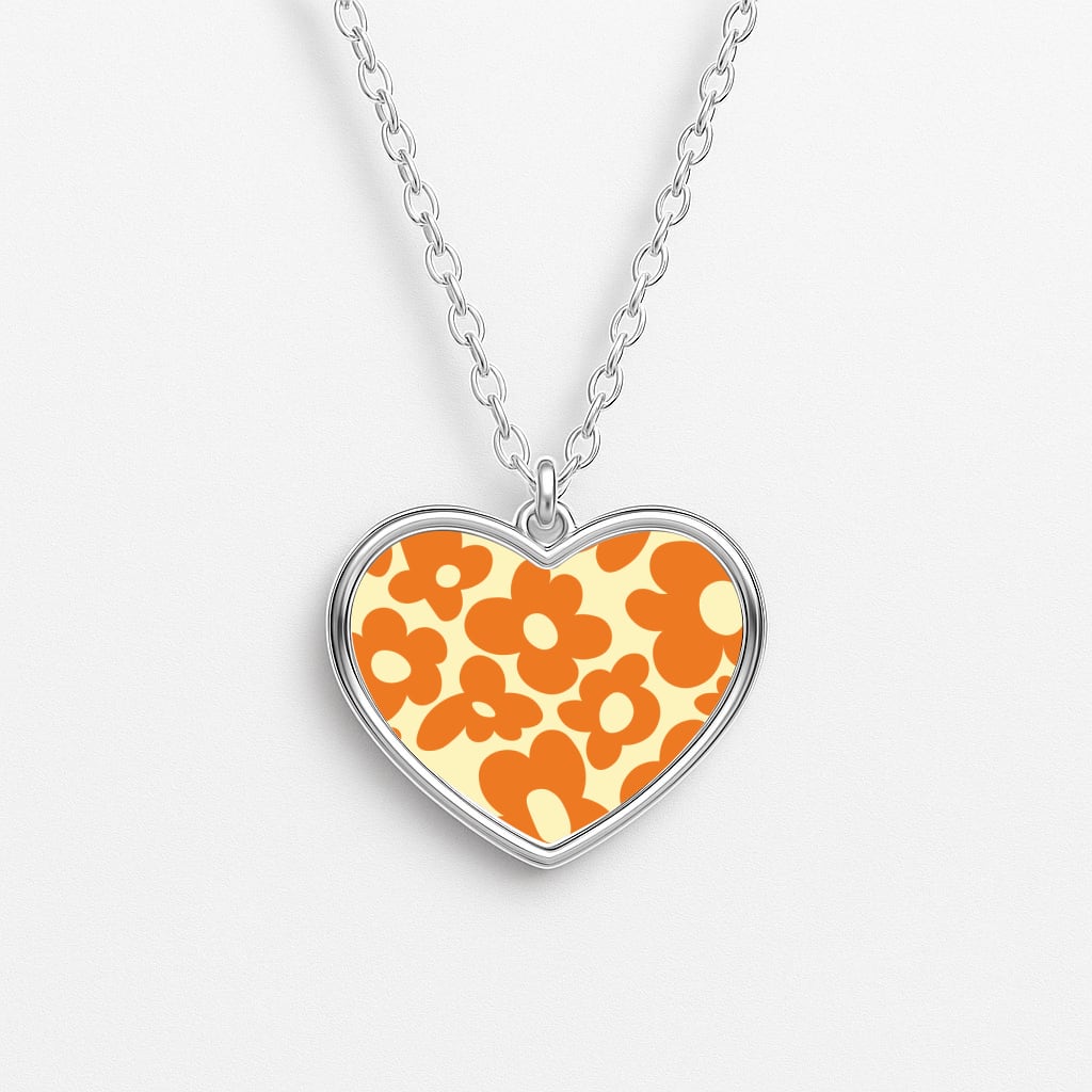Orange Flowers - Trippy Patterns Heart Necklace