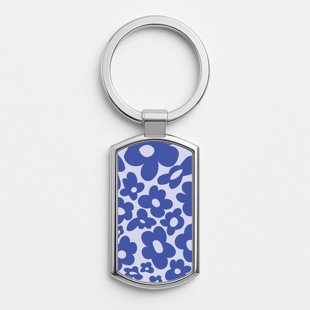Blue Flowers - Trippy Patterns Silver Keyring