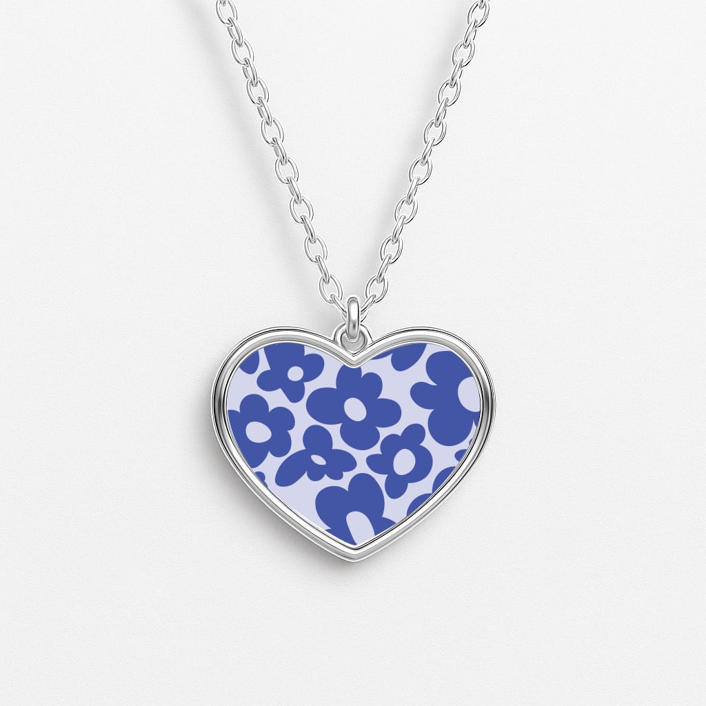 Blue Flowers - Trippy Patterns Heart Necklace
