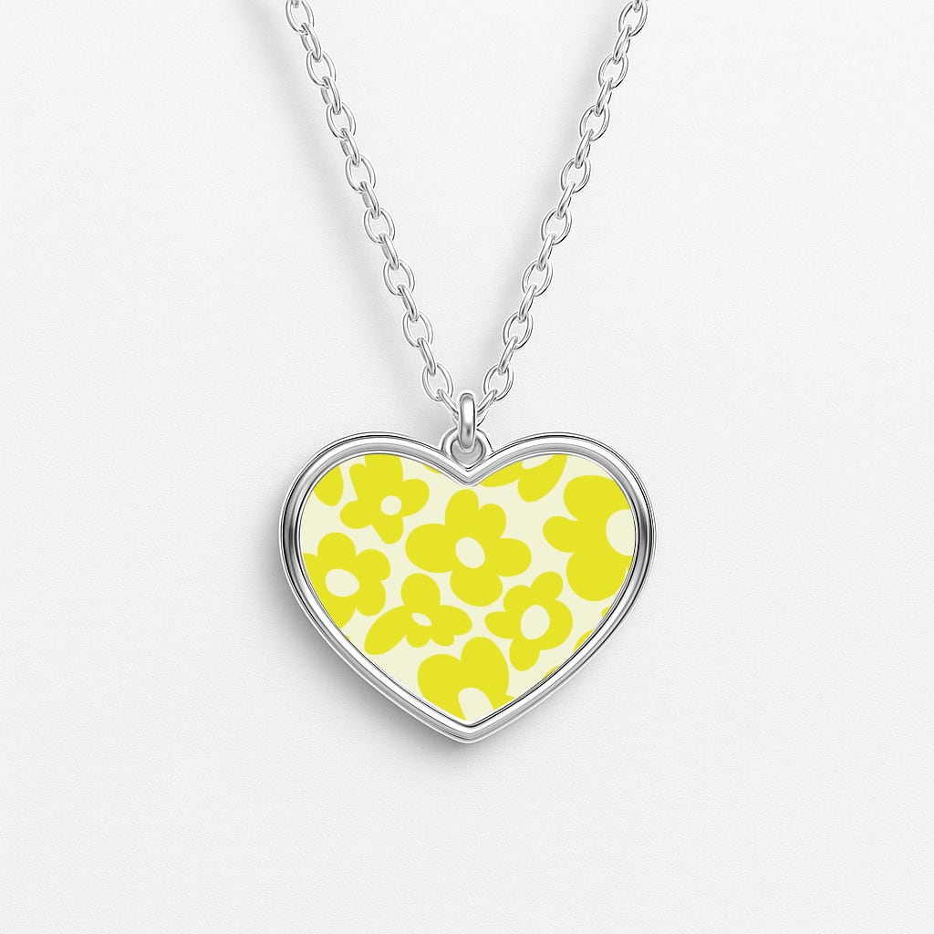 Yellow Flowers - Trippy Patterns Heart Necklace