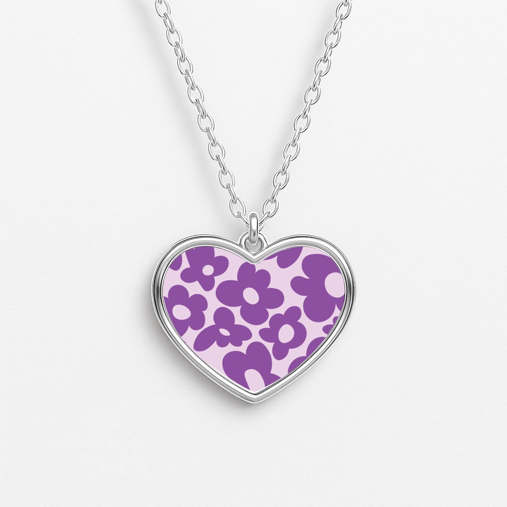 Purple Flowers - Trippy Patterns Heart Necklace
