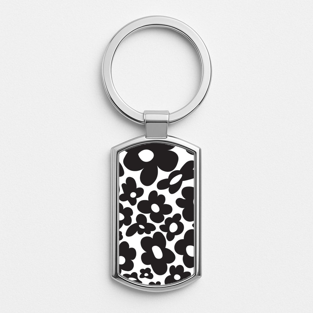 Black Flowers - Trippy Patterns Silver Keyring