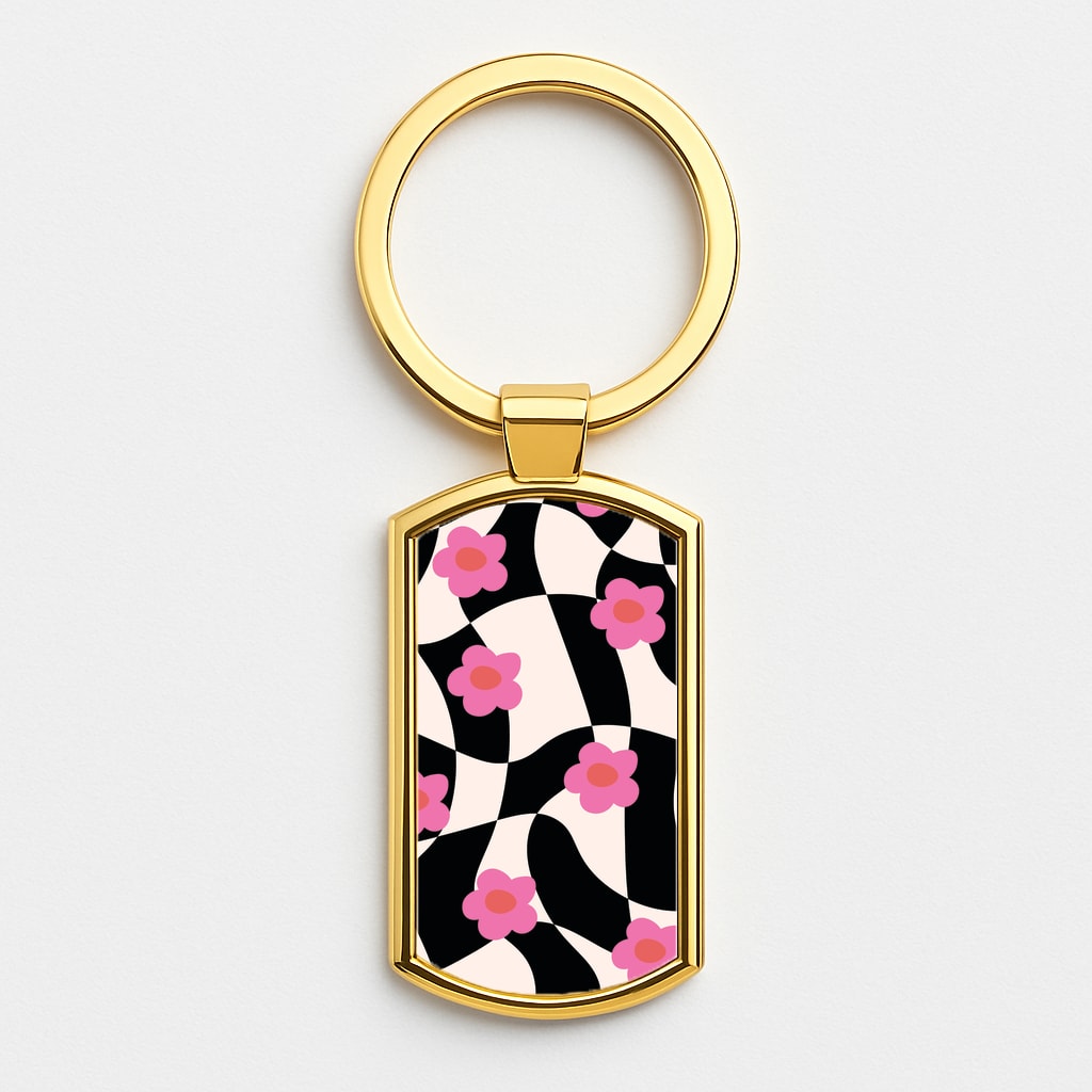 Checkboard Flowers - Trippy Patterns Gold Keyring