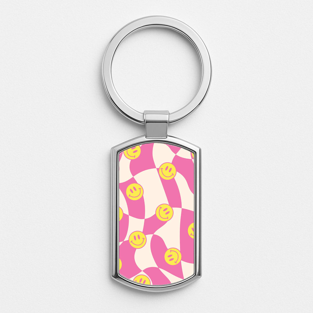 Smiley Checkboard - Trippy Patterns Silver Keyring