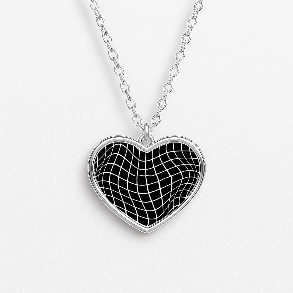 Black Wavy Grid Pattern Heart Necklace