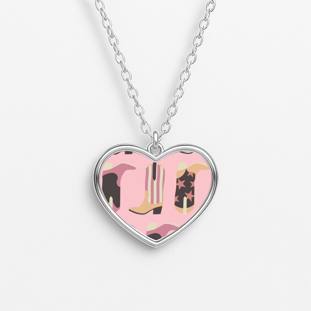 Dusty Pink Cowboy Boots Pattern Heart Necklace