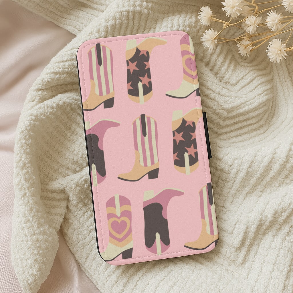 Dusty Pink Cowboy Boots Pattern Wallet Phone Case