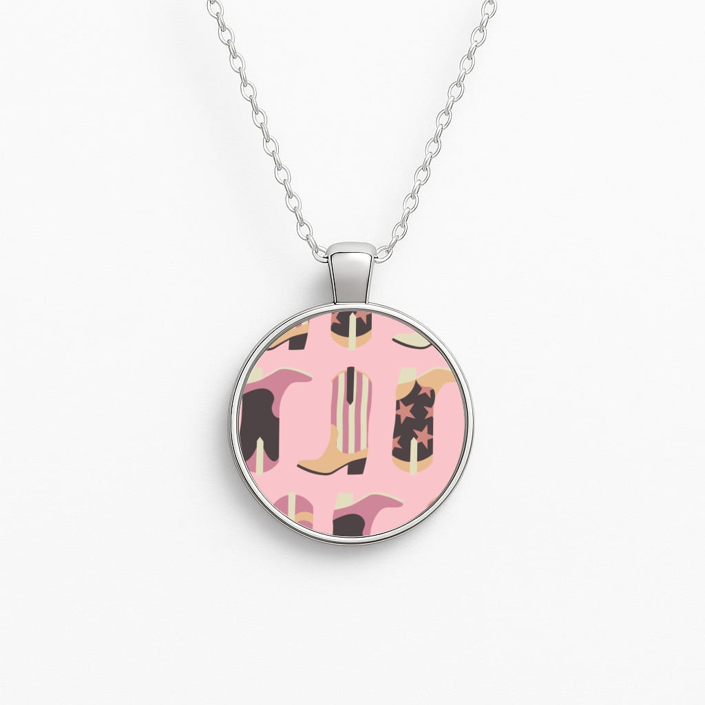 Dusty Pink Cowboy Boots Pattern Circle Necklace