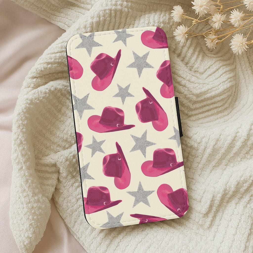 Pink Cowboy Hats And Stars Pattern Wallet Phone Case