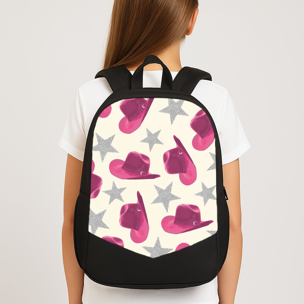 Pink Cowboy Hats And Stars Pattern Large School Bag
