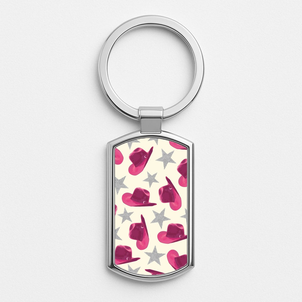 Pink Cowboy Hats And Stars Pattern Silver Keyring