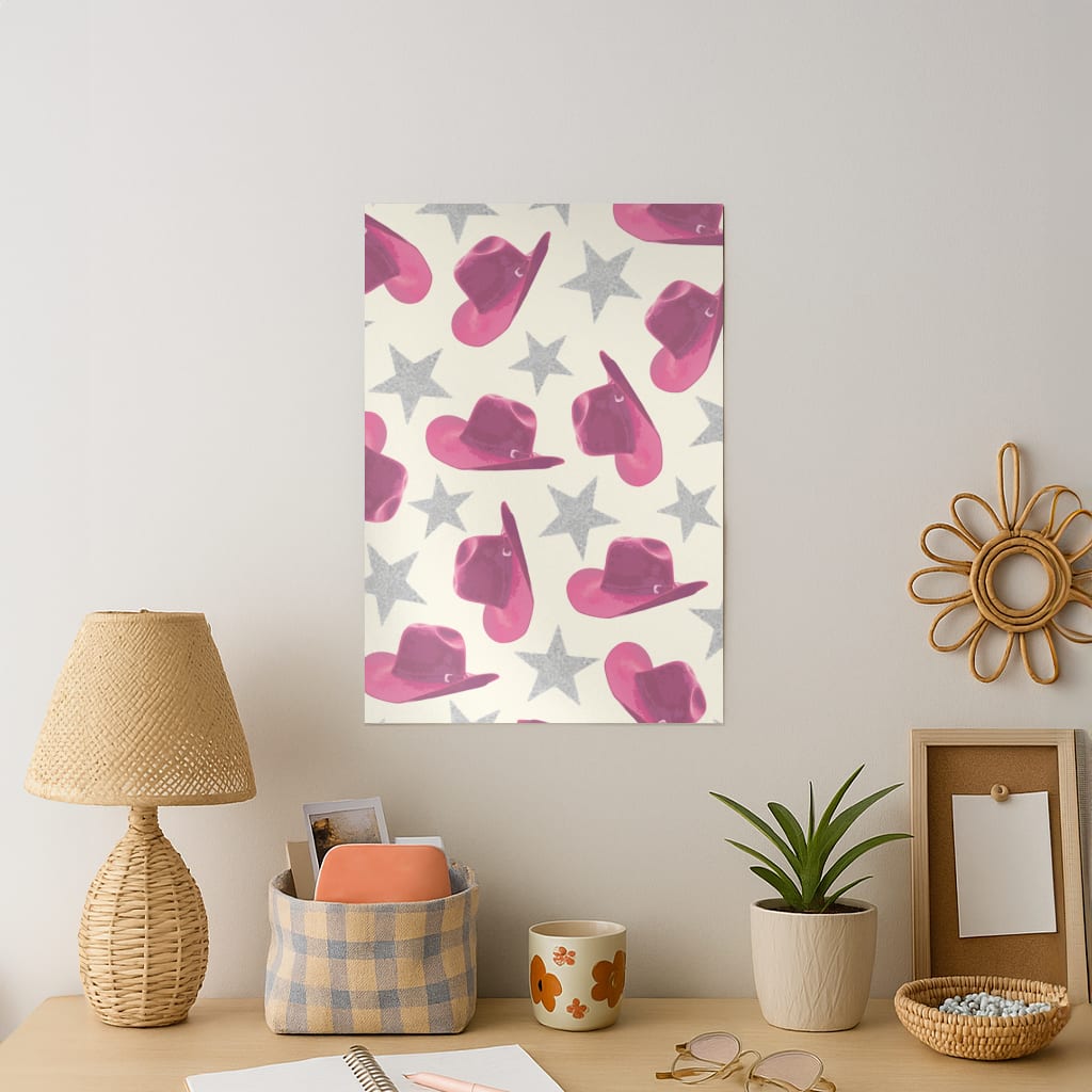 Pink Cowboy Hats And Stars Pattern Art Print