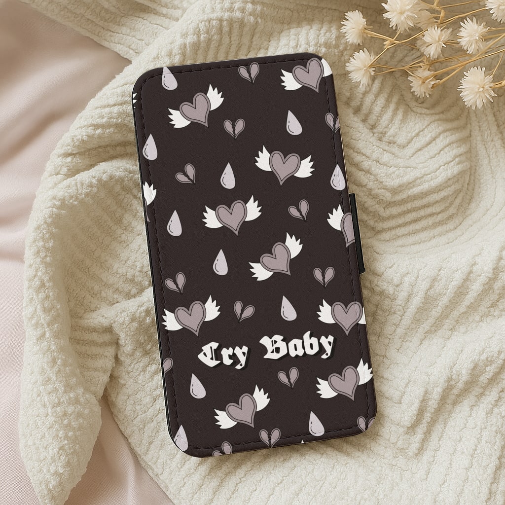 Cry Baby Monochrome Hearts Pattern Wallet Phone Case