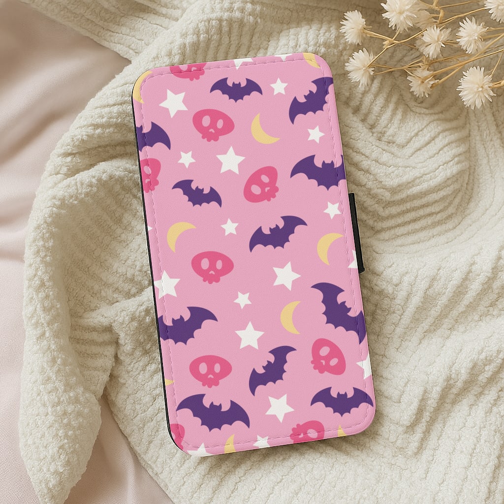 Skull, Bats And Stars Pattern Wallet Phone Case