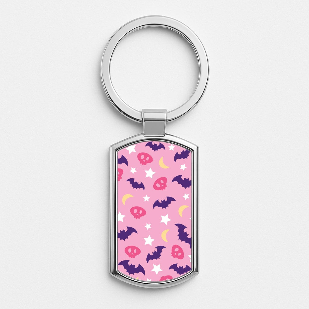 Skull, Bats And Stars Pattern Silver Keyring