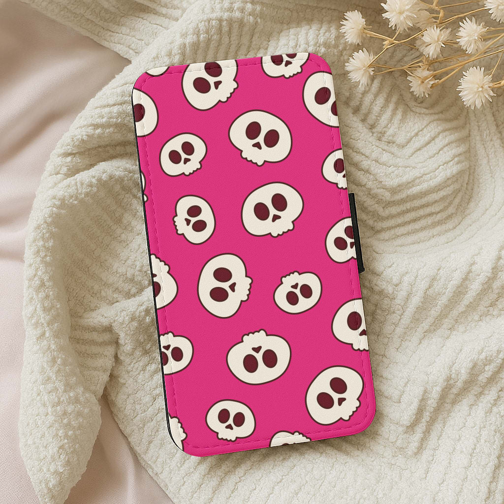 Pink Skulls Pattern Wallet Phone Case