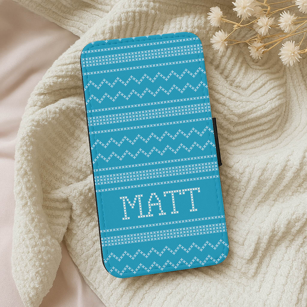 Personalised Christmas Jumper Blue Wallet Phone Case