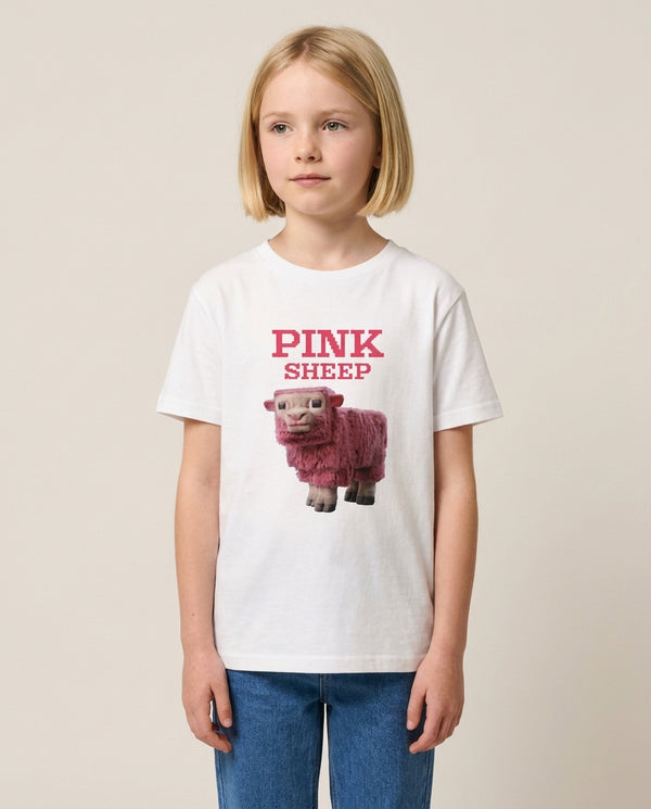 Pink Sheep Kids T-Shirt — White Front, worn