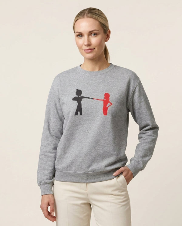 Red And Black Sweatshirt — Grey Front, worn