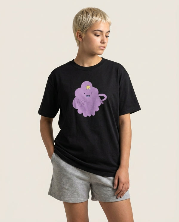Lumpy Space Princess T-Shirt — Black Front, worn