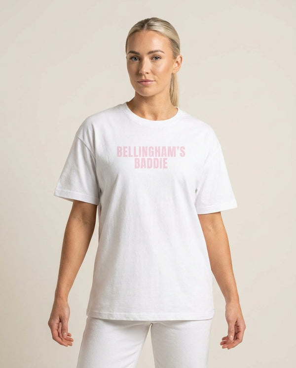 Bellingham's Baddie T-Shirt — White Front, worn