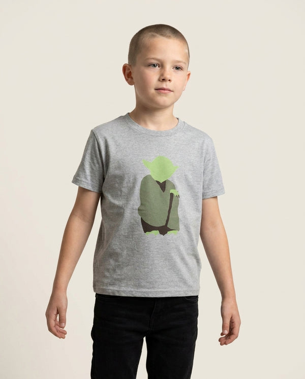 Yoda Faceless Kids T-Shirt — Grey Front, worn