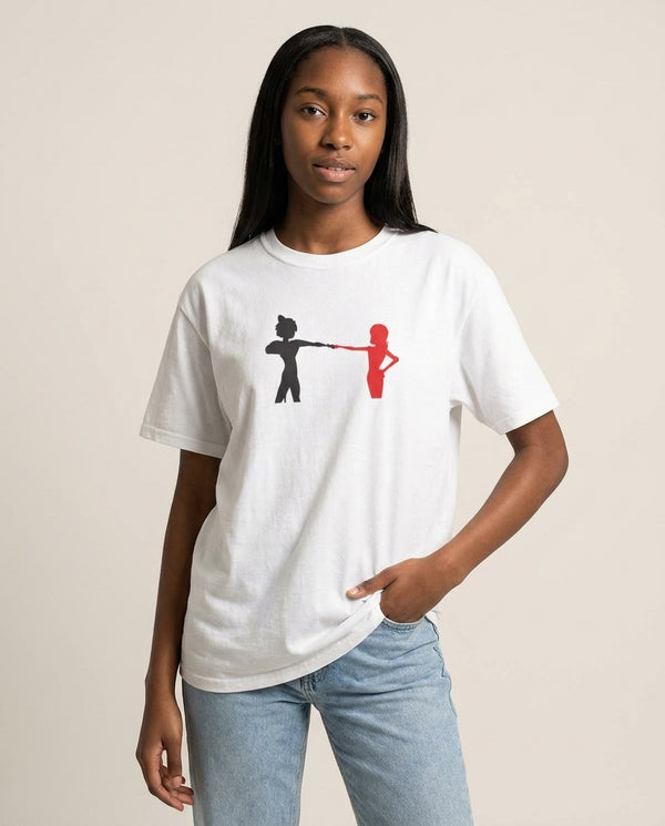 Red And Black T-Shirt — White Front, worn
