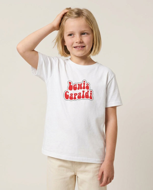 Red Name Kids T-Shirt — White Front, worn