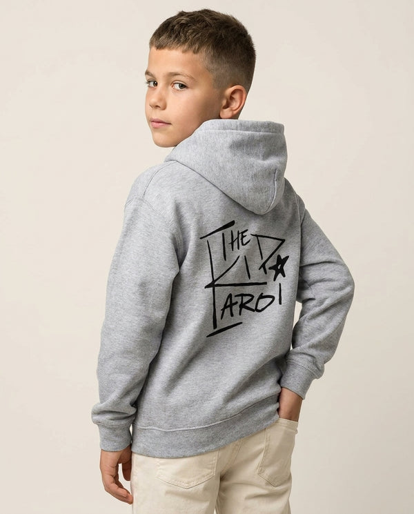 The Kid Kids Hoodie — Grey Back, worn