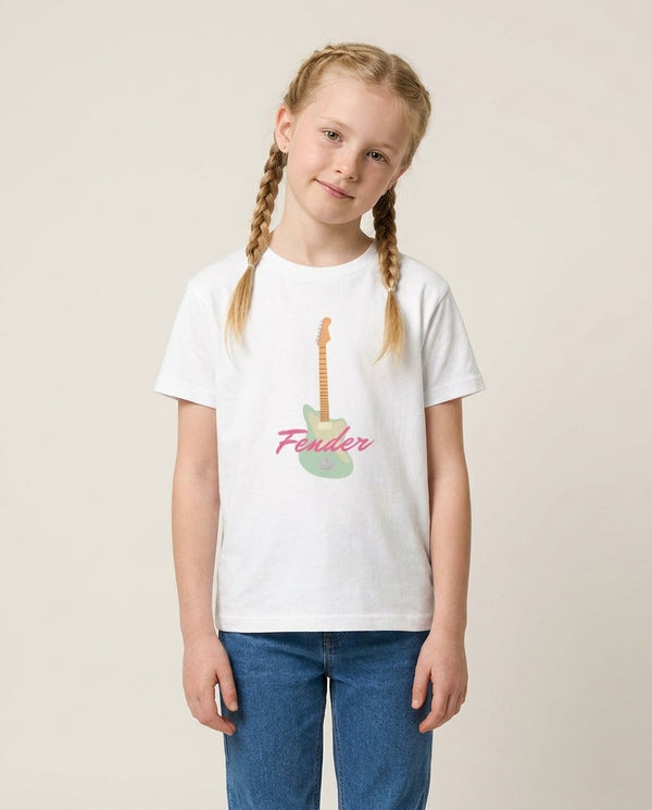 Blue Guitar Fender Kids T-Shirt — White Front, worn