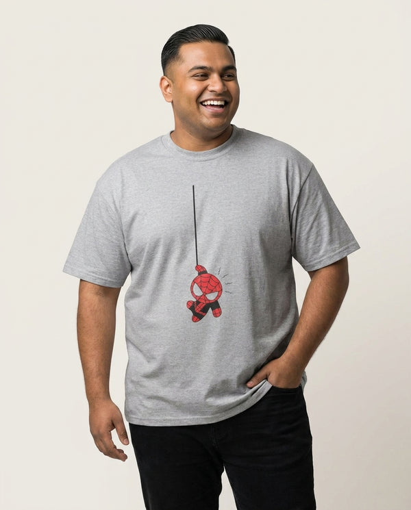 Gray Hanging Spider Hero T-Shirt — Grey Front, worn