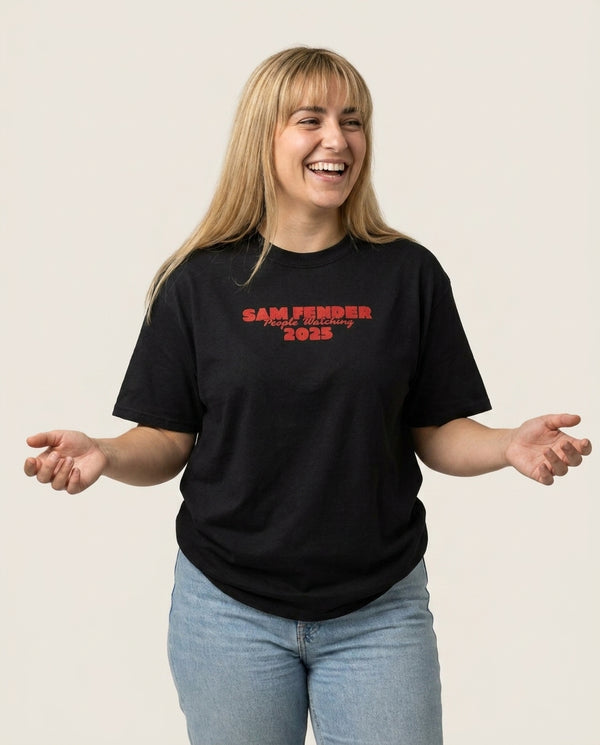 Stripes People Watching 2025 T-Shirt — Black Front, worn