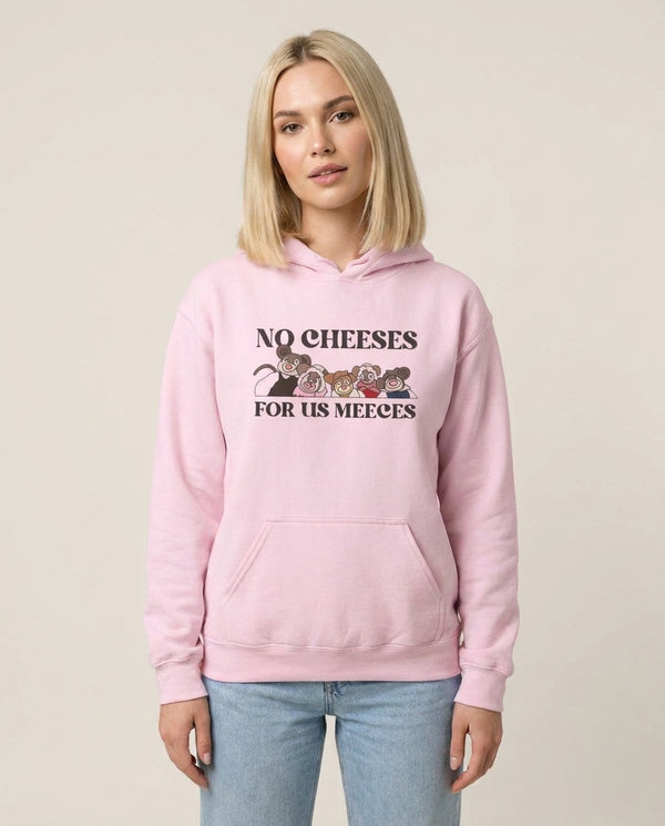 No Cheeses For Us Meeces II Hoodie — Pink Front, worn