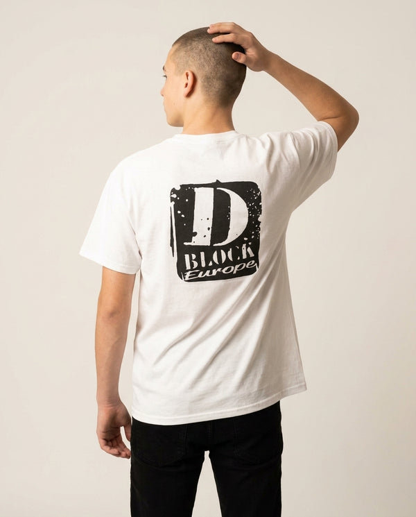 D Block Europe T-Shirt — White Back, worn