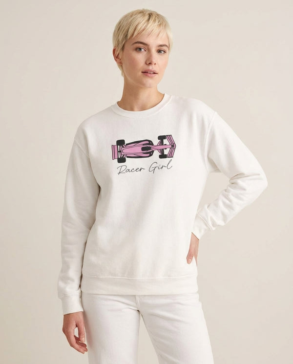 Racer Girl Sweatshirt — White Front, worn