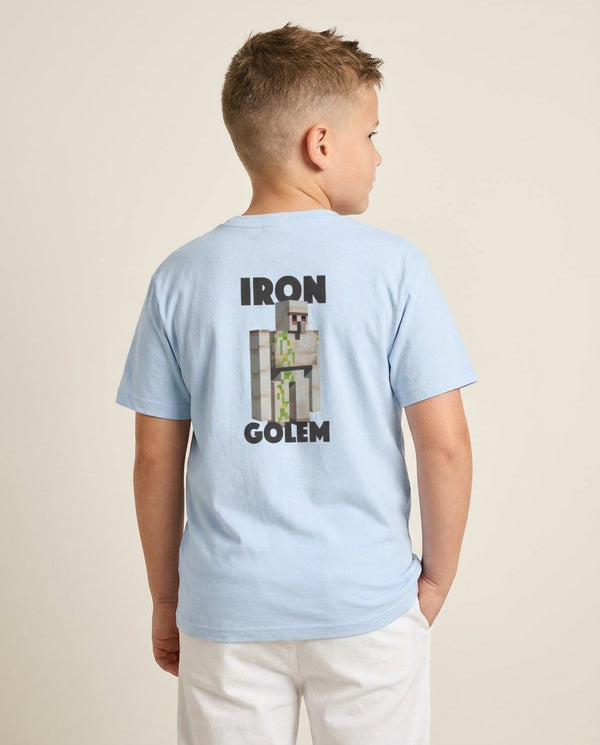 Iron Golem Kids T-Shirt — Blue Back, worn
