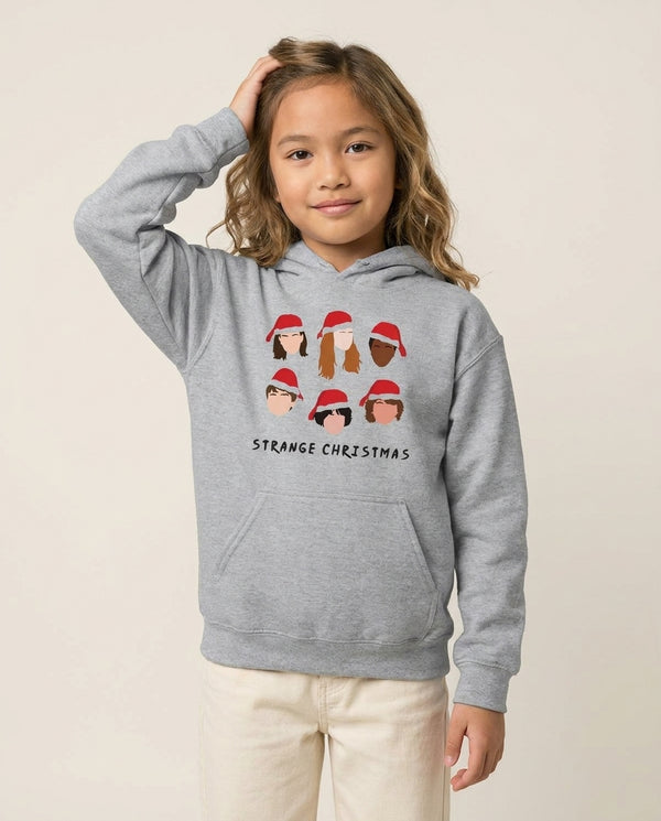 Strange Crew Christmas Kids Hoodie — Grey Front, worn