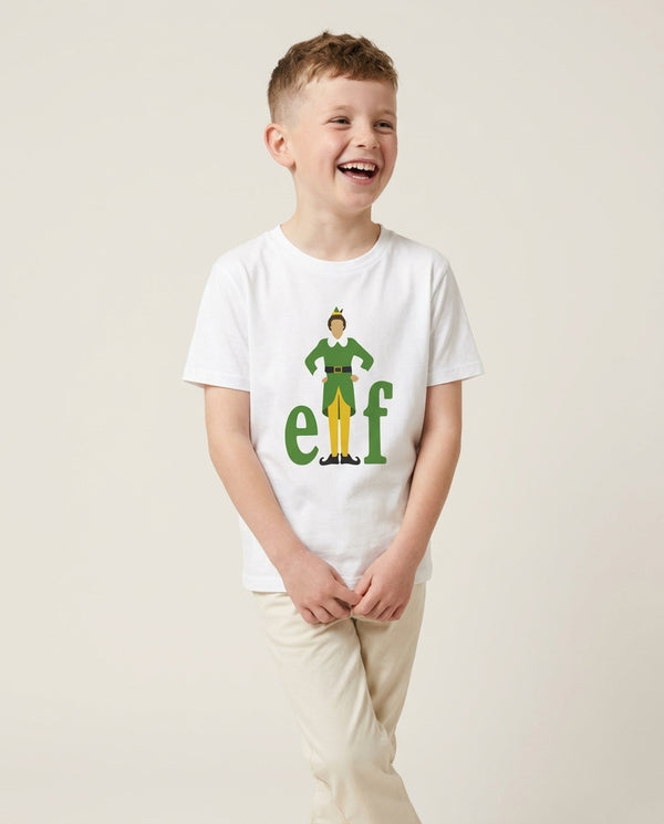 Elf Logo Kids T-Shirt — White Front, worn