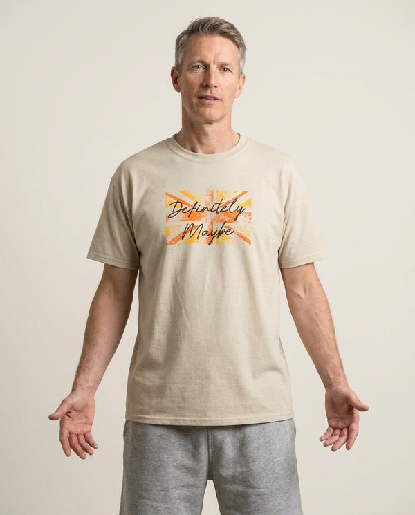 Definitely Maybe T-Shirt — Sand Front, worn